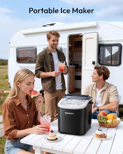 EUHOMY Countertop Ice Maker Machine with Handle, 26.5lbs Per Day, 9 Ice Cubes Ready in 6 Mins, Auto-Cleaning Portable Ice Maker with Basket and Scoop, for Home/Kitchen/Camping/RV (Black)