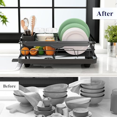 Kitsure Dish Drying Rack for Kitchen Counter, 12.2''W x 15.7''~23''L, Black