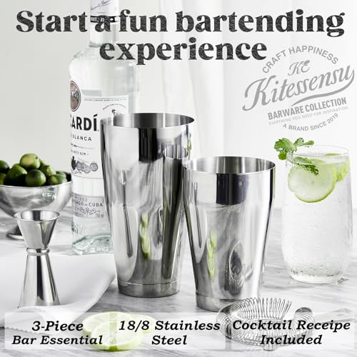 KITESSENSU Boston Cocktail Shaker Set, 4-Piece Boston Shaker Tins Bartender Kit with 18oz & 28oz Mixed Drink Shaker, Hawthorne Strainer, Double Measuring Jigger, Cocktail Recipe Cards Included