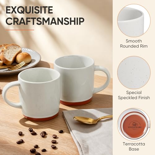 E-far Ceramic Coffee Mug Set of 4, 12oz Stoneware Coffee Cup with Handle, Porcelain Tea Cups, Modern Farmhouse Latte Mug Gift Set for Women & Men, Microwave Safe, Speckled White