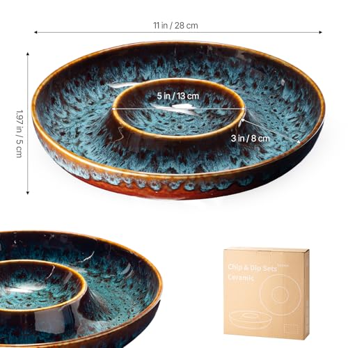 ArtifexCeram Ceramic Chips and Dip Serving Tray - Large Divided Party Bowl Set for Salsa, Veggies, Fruit & Snacks - Modern Minimalist Appetizer Platter with Unique Kiln-Change Glaze (Red Speckled)