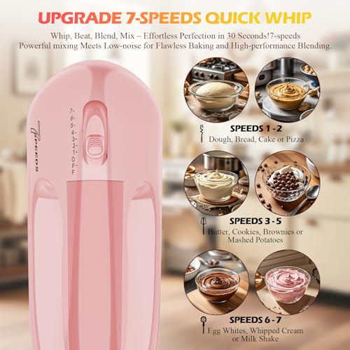 WADODO 7-Speed Electric Hand Mixer – Portable Food Mixer Kitchen Mixer with 304 *(1x Whisk, 2x Beater, 2x Dough hook) for Baking Cakes, Cream, Cookies, LIGHT PINK