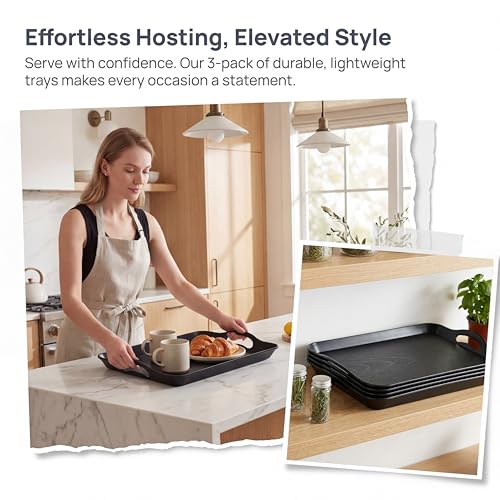 Cedilis 3 Pack Black Serving Trays with Handles,16 x 11IN Rectangular Non Skid Multi-Purpose Plastic OttomanTray for Restaurant, Parties, Coffee Table, Kitchen