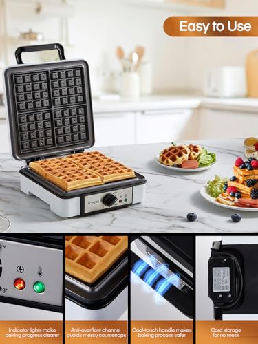 FOHERE Waffle Maker 4 Slices, 1200W Square Waffle Iron, 5 Browning Levels, Nonstick Plates, Cool-touch Handle, Anti-scald, Anti-overflow, Indicator Lights, Recipe, White (Large)