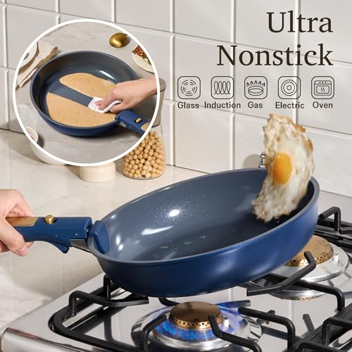 CAROTE Blue&Gold Ceramic Cookware Set Non Toxic, PFAS Free, 15Pcs Pots and Pans Set Non Stick Detachable/Removable Handle, Kitchen Cooking Set Dishwasher Safe, Nonstick Pot and Pan, Induction Cookware