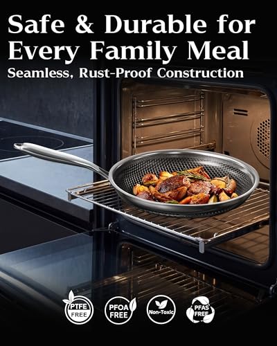 XBM Nonstick Frying Pan with Lid 12-Inch, Durable Stainless Steel Skillet, Induction Cooktop Compatible, PFOA-Free Scratch-Proof, Dishwasher & Oven Safe, Stay-Cool Handle, Silver Kitchen Cookware