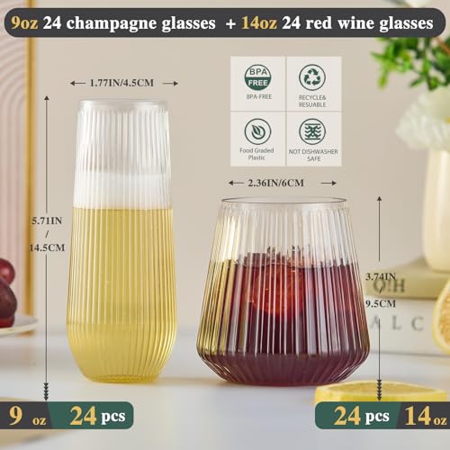 56 Pack Ribbed Origami Ripple Plastic Glasses, 32 Pcs 9 OZ Stemless Champagne Flutes & 24 Pcs 14 OZ Plastic Wine Glasses, BPA-Free Disposable Shatterproof Toasting Glasses for Weddings Parties