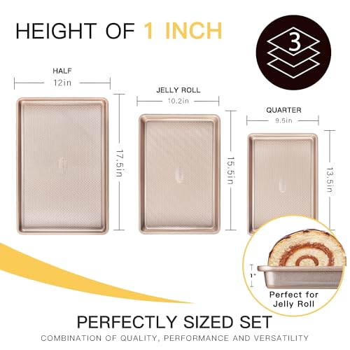 HONGBAKE Baking Sheet Pan Set of 3, Cookie Sheets for Oven, Nonstick Half/Quarter/Jelly Roll Pans with Diamond Texture Pattern, 0.8mm Thick Heavy Duty Cookie Tray, Champagne Gold