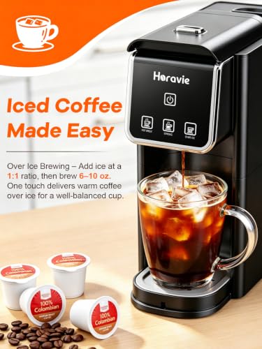 Horavie Hot and Iced Single Serve Coffee Maker, for K-Pod and Grounds, Strong Brew Setting, 6-12 Oz Brew Sizes One Cup Coffee Maker for Home, Travel, RV, Office and Dorm, Black