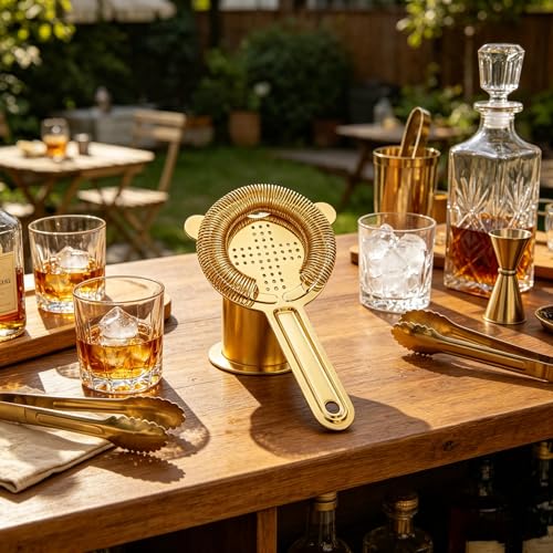 Homestia Gold Hawthorne Cocktail Strainer, Stainless Steel Bar Strainer with Heavy Duty Spring for Shakers & Mixing Glasses, Professional Drink Strainer for Bartenders
