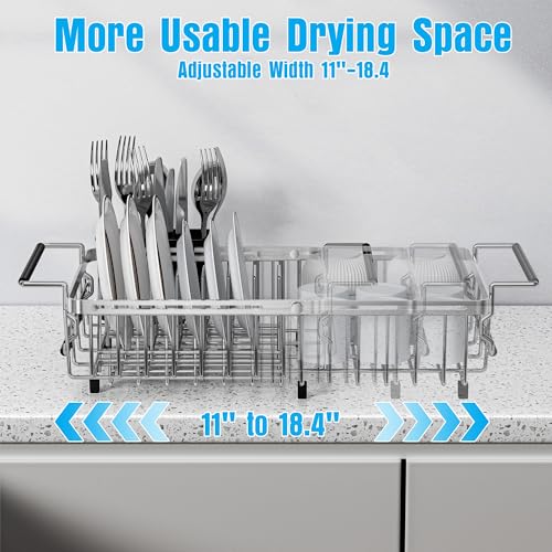 Dolreiik Expandable Over The Sink Dish Drying Rack, Anti-Rust Stainless Steel in Sink Dish Drainer with Cutlery Holder, Counter Space Saving Sturdy Sink Drying Rack for Many Kitchen Drain Task
