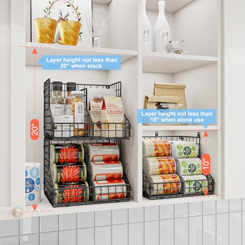 Stackable Can Organizer for Pantry with 2 Adjustable Dividers, Soda Can Organizer, Can Storage Dispenser Holds up to 28 Cans, 2 tier Metal Wire Baskets Can Holder for Kitchen Cabinet Pantry, Black
