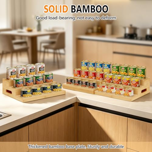 Aclema 2 Pack Bamboo Expandable Can Rack Organizer for Pantry, Stackable 3 Tier Canned Food Organizers and Storage, Kitchen Cabinet, Food Can Holders Dispensers for Pantry Up To 48 Cans