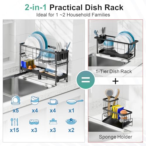 GSlife Narrow 2 Tier Dish Drying Rack - Expandable for Small Kitchens & RVs