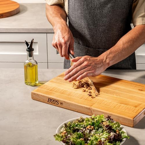 John Boos R-Board Series Rectangular Wooden Maple Cutting Board 18”x12” – 1.5” Thick, 10-lb Reversible Butcher Block with Edge-Grain & Finger Grips – Made in the USA