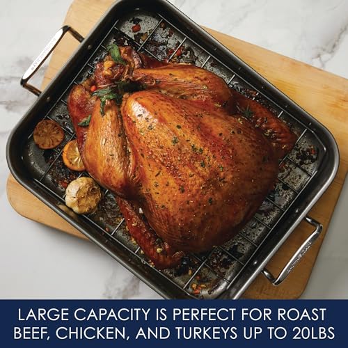 Rachael Ray Roasting Pan with Reversible Rack, Turkey Roasting Pan, Nonstick, 16.5-Inch x 13.5-Inch