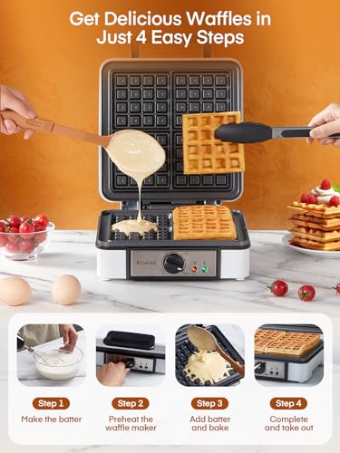 FOHERE Waffle Maker 4 Slices, 1200W Square Waffle Iron, 5 Browning Levels, Nonstick Plates, Cool-touch Handle, Anti-scald, Anti-overflow, Indicator Lights, Recipe, White (Large)