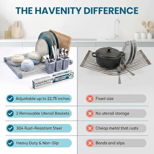 Havenity™ Expandable Roll Up Dish Drying Rack with Drying Mat - Adjustable Up to 22.75" with 2 Free Attachments & 2 Removable Baskets, 304 Stainless Steel Over The Sink Dish Drying Rack Cover Kitchen