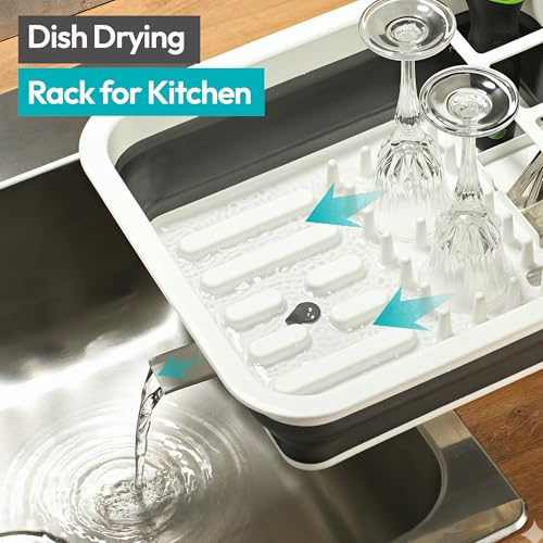 Masirs Pop-Up Collapsible Dish Drying Rack - Convenient Storage - Drains into Sink - Eight Large Plate Capacity - Sectional Cutlery and Utensil Compartment - Compact and Portable Design (12 x 20 Inch)