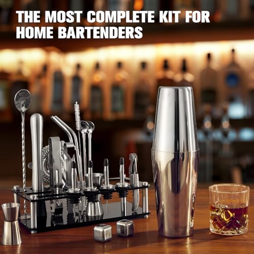 KINGROW Cocktail Shaker Set Bartender Kit, Stainless Steel Boston Bar Tools Drink Mixer Set with Stand & Recipe Booklet for Home Cocktail Making | Silver
