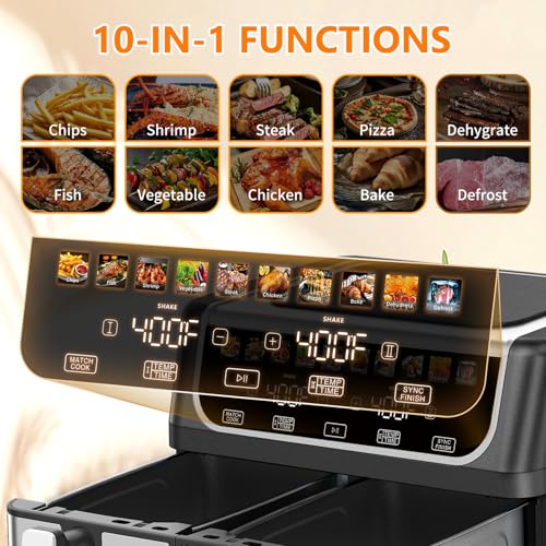 DUMOS 9.5 Quart Dual Basket Air Fryer, 10-in-1 Large Airfryer with Ceramic Crisper Plate, Sync Finish & Match Cook, Shake Reminder, Wide Temperature 80-450°F, Roast Bake Defrost Dehydrate, Black