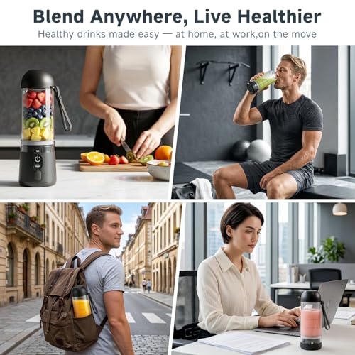 TOMUOO Portable Blender, 8 Blades Personal Size Smoothie Blender for Shakes, USB C Rechargeable Juicer Cup with LED Display, Travel Friendly Mini Mixer for Home, Office, Gym, 17oz, Black