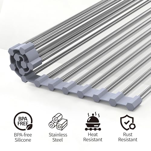 Yohslqo Roll Up Dish Drying Rack for Sink, Over Sink Dish Rack 17 x 15.7 Inch, Silicone Stainless Steel Dish Drainer for Kitchen Counter, BPA Free Utensil Drying Rack, Gray
