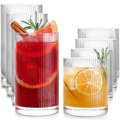 LUNA & MANTHA Drinking Water Glasses Set, Lead-Free Crystal Highball Glass, Tall Glass Cups for Cocktail Parties,ribbed set of 8,17oz&12oz