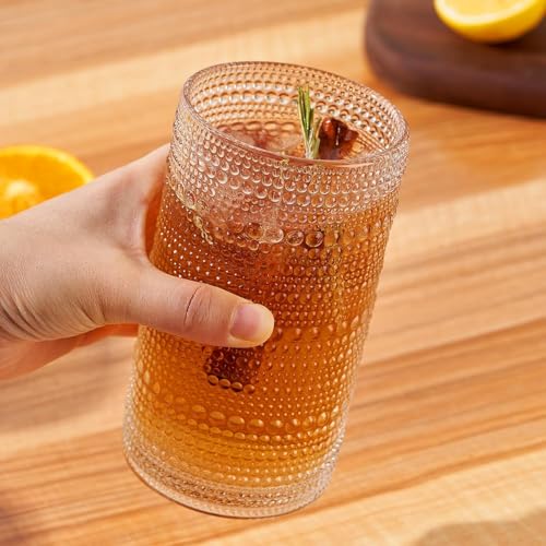 GDCCI 16oz Hobnail Drinking Glasses Set of 6, Vintage Large Capacity Embossed Clear Tumblers, Highball Glasses for Water, Cocktail, Beer, Whiskey, Juice & Bar Use