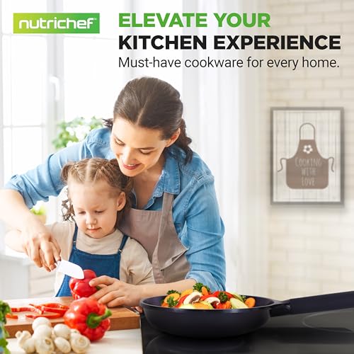 NutriChef Non Stick Frying Pans Set, 5-Piece Blue Diamond Ceramic Cookware with Lid, Nonstick Frying Pan for Gas, Electric, Ceramic & Induction Cooktops, PTFE/PFOA Free, Bakelite Soft-Touch Handles