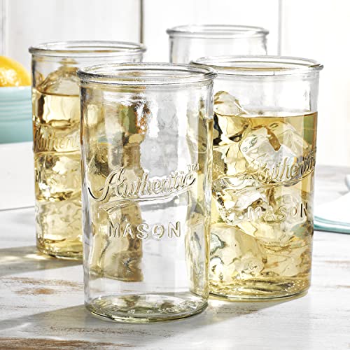 Glaver's Drinking Glasses – Set of 4 Authentic Mason Vintage Glassware – Clear Glass Tumblers for Cocktails, Water, Juice – Embossed Vintage Drinking Glasses