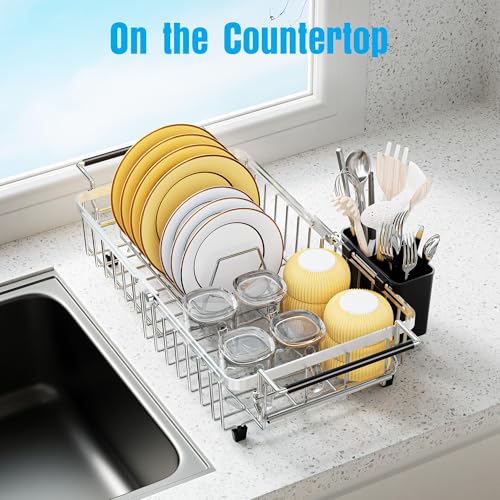 Dolreiik Expandable Over The Sink Dish Drying Rack, Anti-Rust Stainless Steel in Sink Dish Drainer with Cutlery Holder, Counter Space Saving Sturdy Sink Drying Rack for Many Kitchen Drain Task