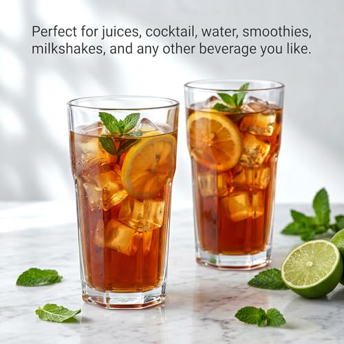 Mapoxy 16 oz Highball Glasses 6 Pack, Thick Lead-Free Glass Tumblers with Heavy Base, Clear Drinking Glasses for Water, Juice, Beer, Cocktails, Dishwasher Safe Bar Glassware, Ideal Gifts