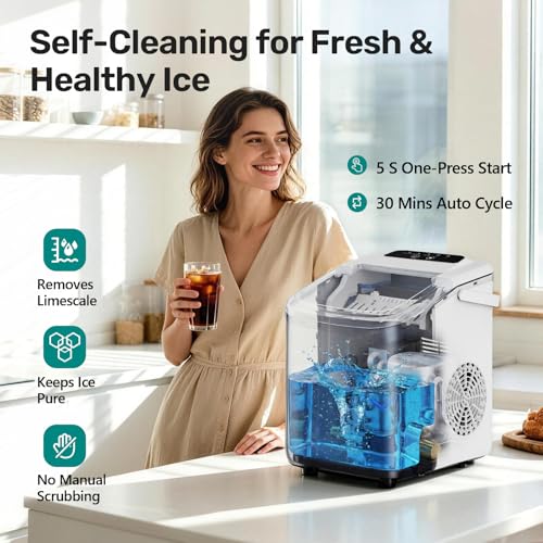 OLIXIS Countertop Ice Maker with Self-Cleaning, Portable Ice Maker Machine with Scoop, 26Lbs/24H, 9 Cubes in 6 Mins, 2 Sizes of Bullet for Home, Kitchen, Office, White