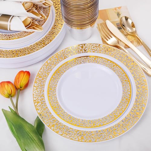 WELLIFE 50 Guests Dinnerware Sets, Gold Plastic Plates，Platos Para Fiestas Elegantes Desechables Include:50 Dinner Plates, 50 Dessert Plate, 150 Pcs Gold Plastic Silverware, 50 Cups for Party