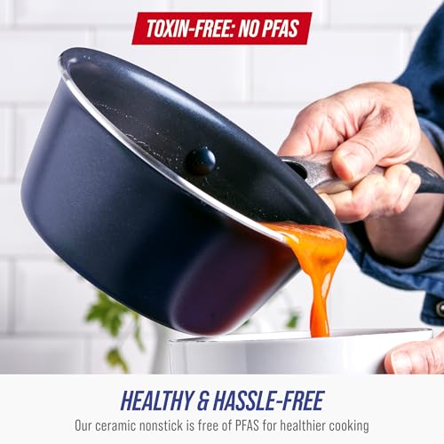 Blue Diamond Nonstick 2QT Saucepan with Lid, Non Toxic PFAS-Free Diamond Ceramic, Dishwasher & Oven Safe, Metal Utensil Safe Pot, Stay Cool Handle, Chef Pan, Glass Lid, Blue