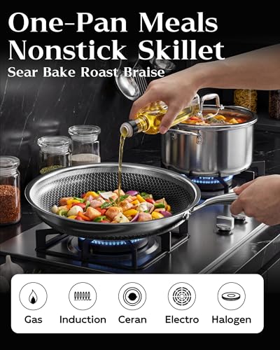 XBM Nonstick Frying Pan with Lid 12-Inch, Durable Stainless Steel Skillet, Induction Cooktop Compatible, PFOA-Free Scratch-Proof, Dishwasher & Oven Safe, Stay-Cool Handle, Silver Kitchen Cookware