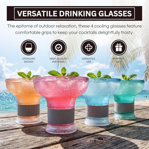 Khen Frozen Margarita & Cocktail Chiller Glasses | Set of 4 | Cooling Cups 12 OZ Unbreakable Tritan Acrylic, Double Wall Insulated to Keep Drink Cool, Freeze Gel Glass Cup, Silicone Holder