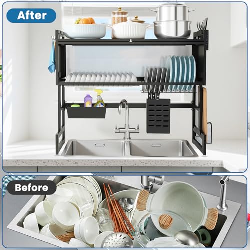 XDTIME Over the Sink Dish Drying Rack – 3 Tier with Cover, Space-Saving Dish Drainer Organizer for Dishes, Glasses, Bowls & Cutlery, Tidy Kitchen Counter Storage Solution