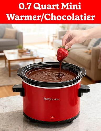 Betty Crocker 0.7-Quart Mini Slow Cooker, Chocolatier & Simmer Pot, Electric Pot with Removable Stoneware Crock, Cool Touch Handles, Tempered Glass Lid, Perfect for Fondue & Dips, BC-2555R, Red