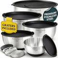 Baker's Signature Stainless Steel Mixing Bowls with Lids Set, 5 Sizes, 3 Graters, Non-Slip Base, Airtight Lids, Metal Mixing Bowls for Kitchen, Food Prep, Storage, 0.63QT-5QT, Black