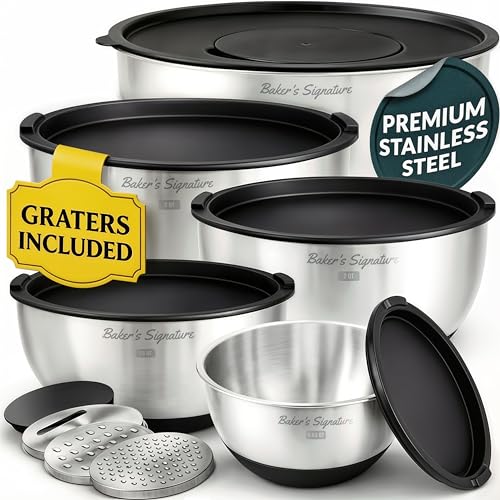 Baker's Signature Stainless Steel Mixing Bowls with Lids Set, 5 Sizes, 3 Graters, Non-Slip Base, Airtight