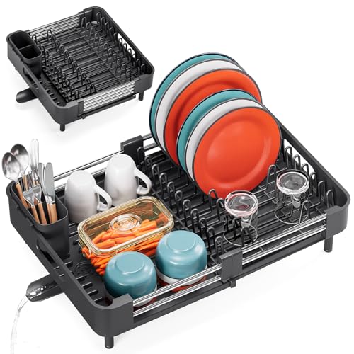 TOOLF Dish Drying Rack Expandable Drainer w/Cutlery & Cup Holder, Black