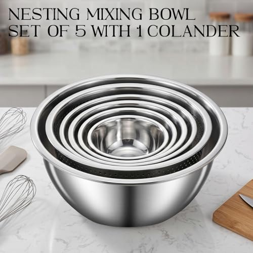 DUTZUN Heavy-Duty Stainless Steel Mixing Bowls Set of 5 plus 3QT Colander, Nesting Kitchen Metal Bowl for Baking Prep Salads Serving Cooking, Dishwasher Safe — 4.0 to 0.8 QT