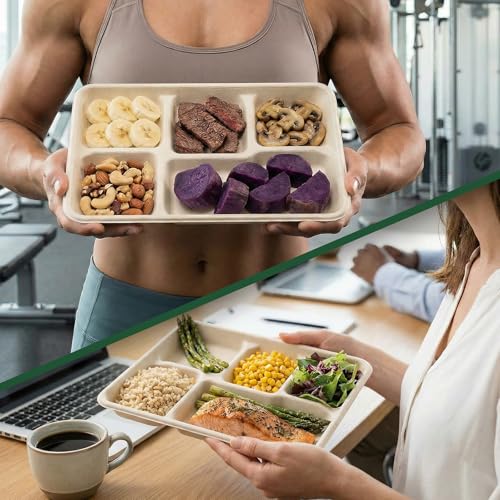 Tinybee 100% Compostable 5 Compartment Paper Plates 12.5 * 8.6 Inch [100-Pack] Heavy Duty Divided Disposable Eco-Friendly Bagasse Plates Lunch Trays for Buffet/Party/School (BPI-Certified) Nautral