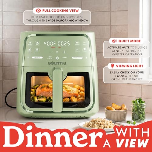 Gourmia 8 Qt Air Fryer, 8 Presets with Digital Display, FryForce 360° Technology, Easy View Window & Interior Light, Dishwasher Safe Basket, Green