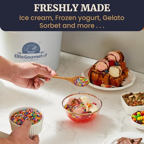 Elite Gourmet 4Qt Electric Ice Cream Maker EIM350 Delicious Homemade Ice Cream, Gelato, Sorbet, Frozen Yogurt, 4Qt Aluminum Freezing Cannister, Durable Plastic Ice Bucket, Powerful 50W, Periwinkle