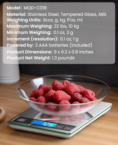 Nicewell Food Scale, 22lb Digital Kitchen Scale Weight Grams and oz for Cooking Baking, 1g/0.1oz Precise Graduation, Stainless Steel and Tempered Glass