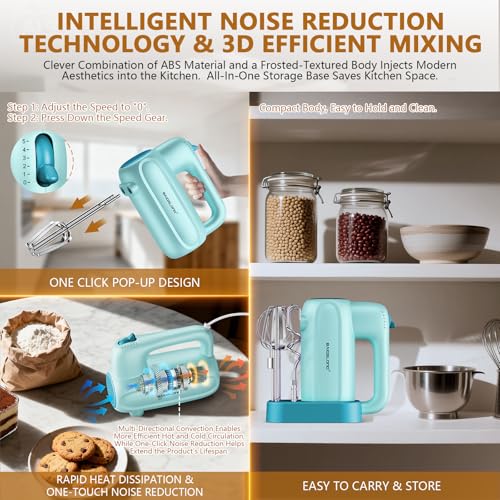 BAIGELONG Hand Electric Mixer, 5-Speed KitchenMixer with 5 * 304 Stainless Steel Attachments + Storage Base, Food Handheld Mixer for Baking, Whipping Cream, Cake Mixing, Blue