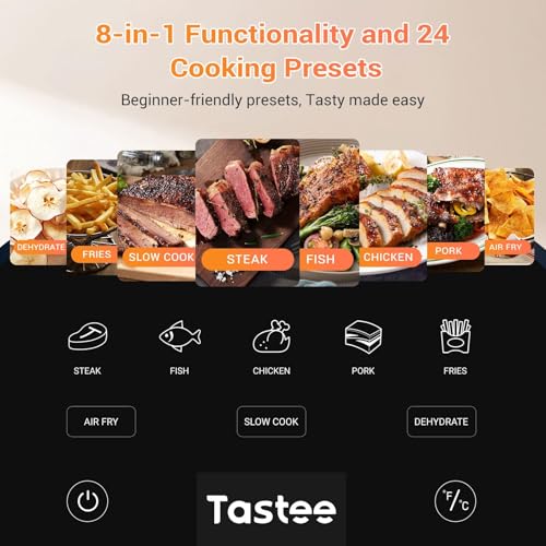Tastee Ceramic Air Fryer, 8-in-1 Compact 5.5QT AirFryers, 450°F Digital Airfryer Dehydrator with Smart Probe, 24 Presets One-touch Cooking, In-app Recipes with Window, Dishwasher-safe & Non-stick